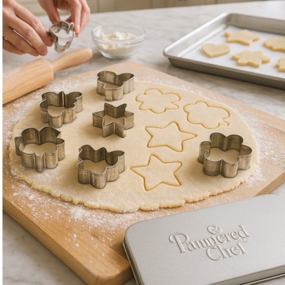 Pampered Chef Creative Cutters 8 Mini Stainless‎ Steel Cookie Cutters Tin 95-15